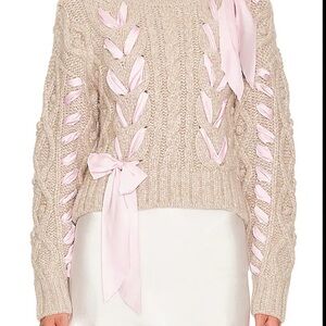 LoveShackFancy Beige Sweater with Pink Ribbon Details